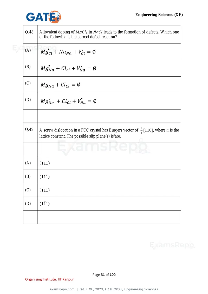 GATE XE 2023 question paper, GATE 2023, Engineering Sciences, page 31 of 100