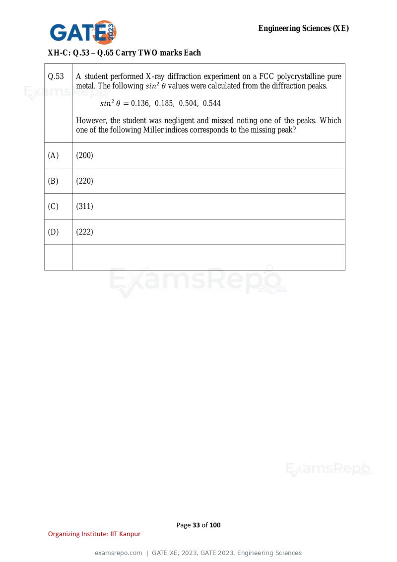 GATE XE 2023 question paper, GATE 2023, Engineering Sciences, page 33 of 100