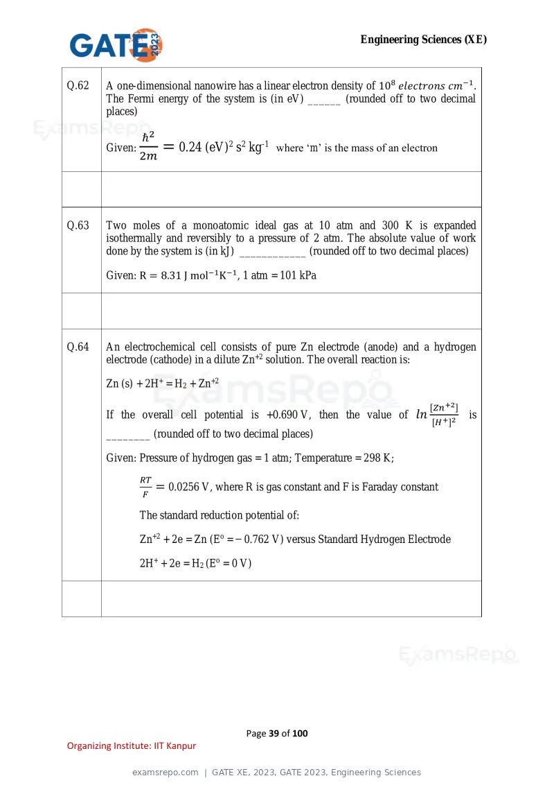 GATE XE 2023 question paper, GATE 2023, Engineering Sciences, page 39 of 100