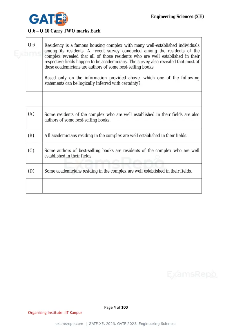 GATE XE 2023 question paper, GATE 2023, Engineering Sciences, page 4 of 100