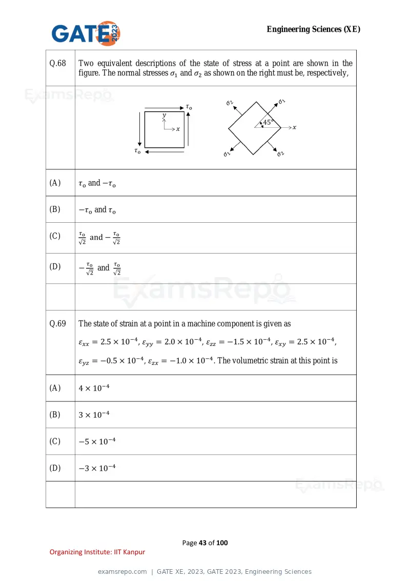 GATE XE 2023 question paper, GATE 2023, Engineering Sciences, page 43 of 100