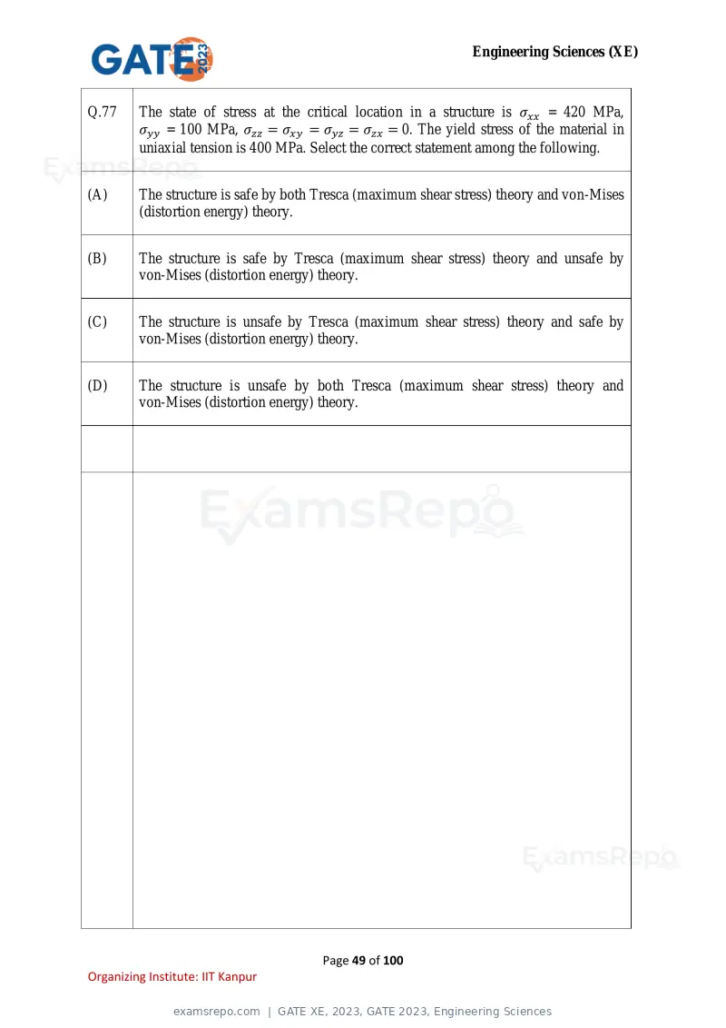 GATE XE 2023 question paper, GATE 2023, Engineering Sciences, page 49 of 100