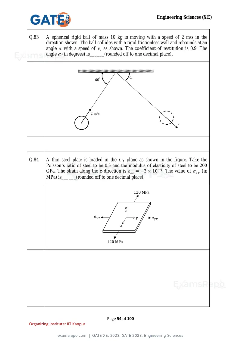 GATE XE 2023 question paper, GATE 2023, Engineering Sciences, page 54 of 100