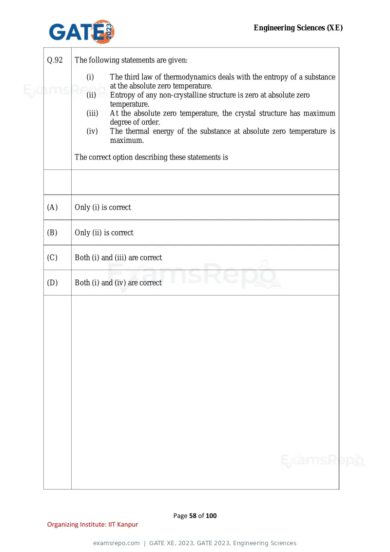 GATE XE 2023 question paper, GATE 2023, Engineering Sciences, page 58 of 100