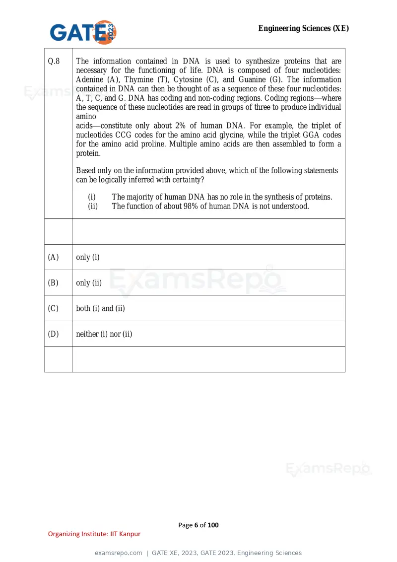 GATE XE 2023 question paper, GATE 2023, Engineering Sciences, page 6 of 100