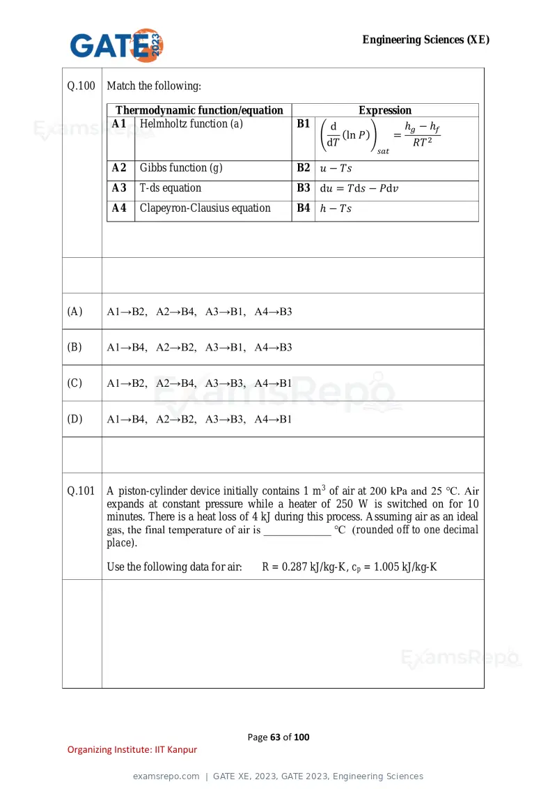 GATE XE 2023 question paper, GATE 2023, Engineering Sciences, page 63 of 100