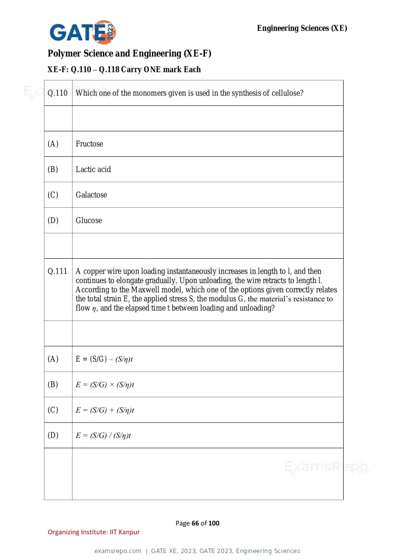 GATE XE 2023 question paper, GATE 2023, Engineering Sciences, page 66 of 100