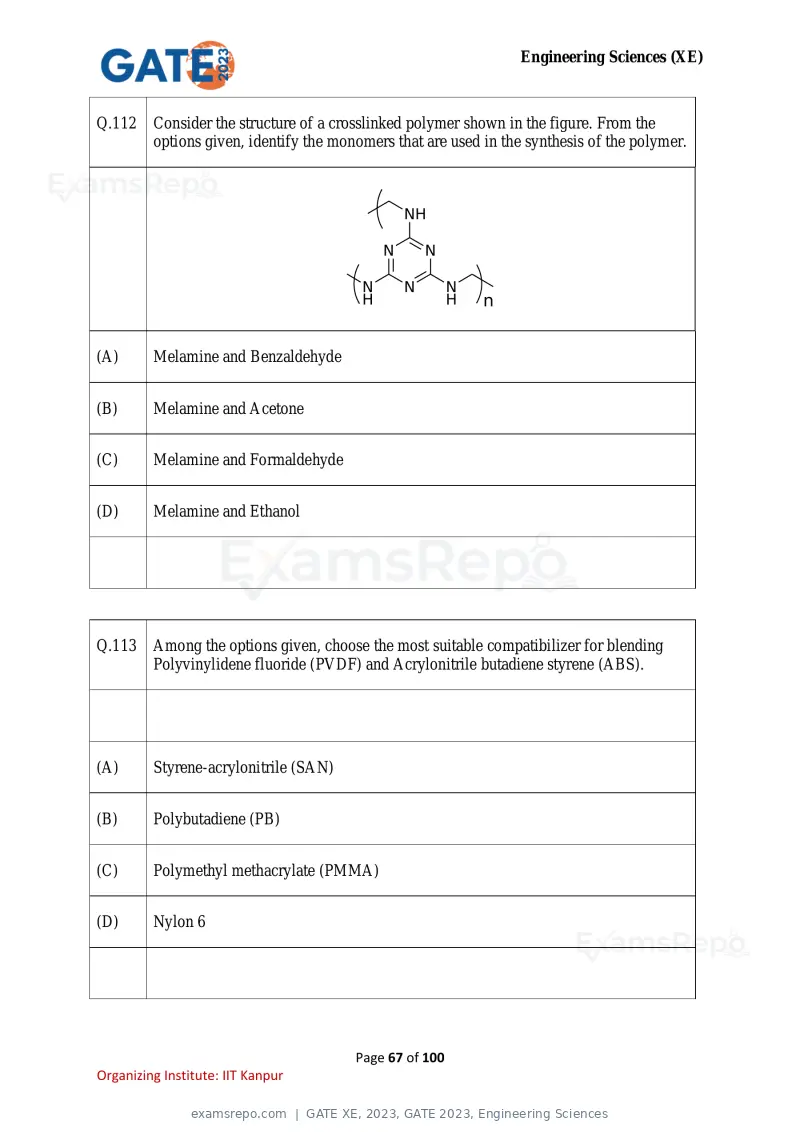 GATE XE 2023 question paper, GATE 2023, Engineering Sciences, page 67 of 100