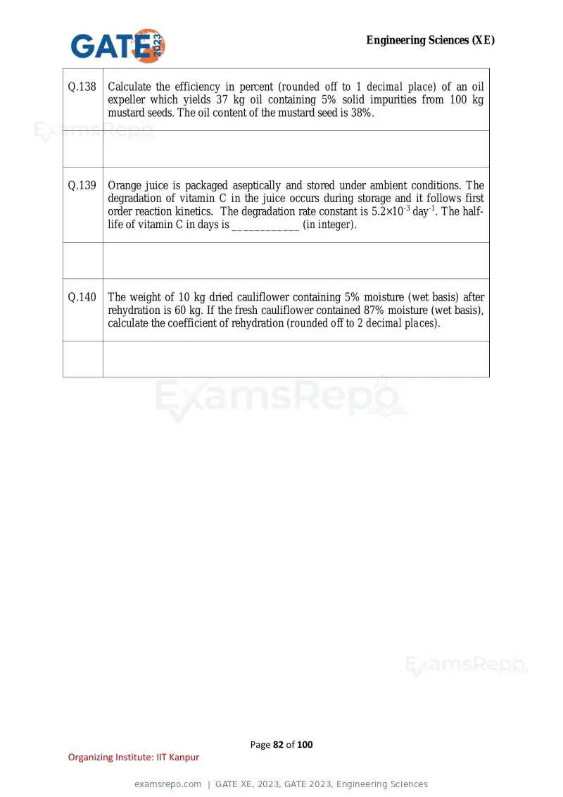 GATE XE 2023 question paper, GATE 2023, Engineering Sciences, page 82 of 100