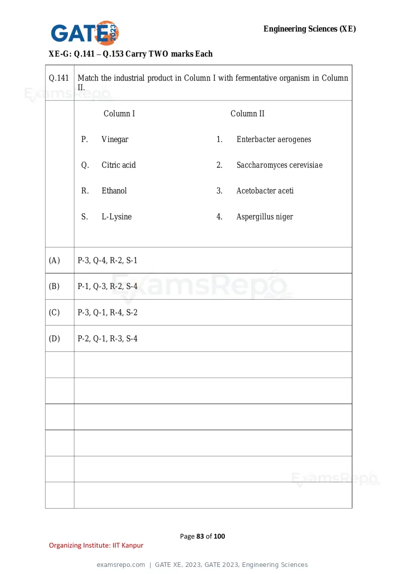 GATE XE 2023 question paper, GATE 2023, Engineering Sciences, page 83 of 100