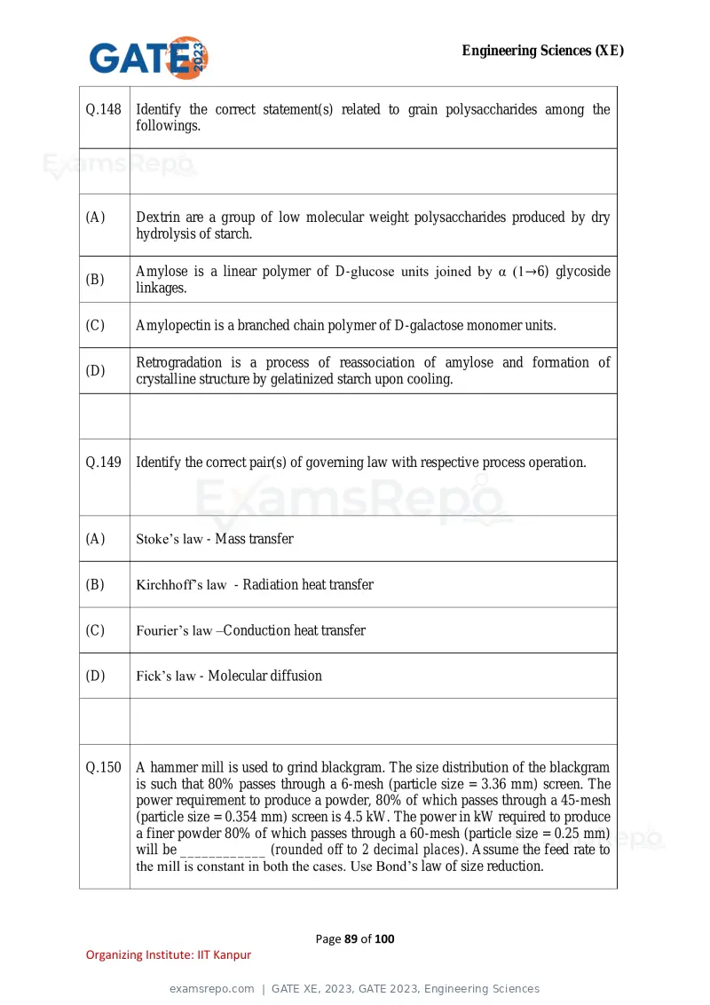 GATE XE 2023 question paper, GATE 2023, Engineering Sciences, page 89 of 100