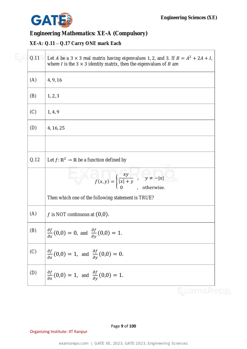 GATE XE 2023 question paper, GATE 2023, Engineering Sciences, page 9 of 100