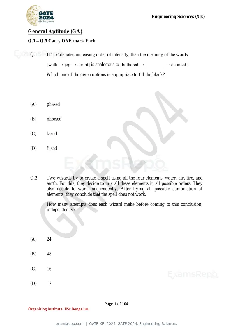 GATE XE 2024 question paper, GATE 2024, Engineering Sciences, page 1 of 104