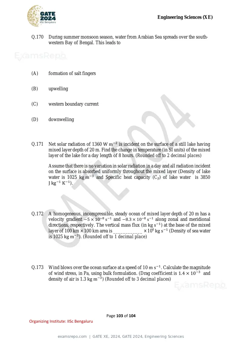 GATE XE 2024 question paper, GATE 2024, Engineering Sciences, page 103 of 104