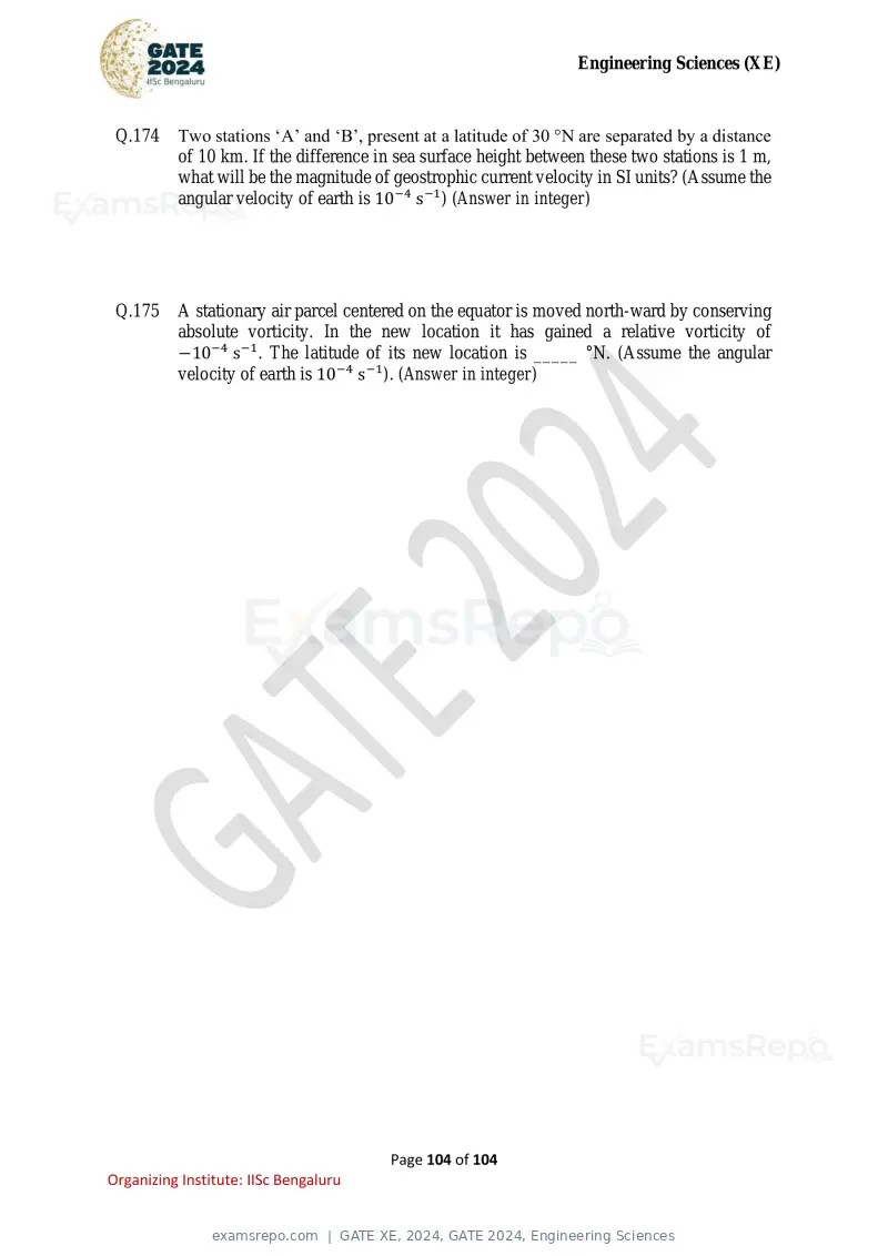 GATE XE 2024 question paper, GATE 2024, Engineering Sciences, page 104 of 104