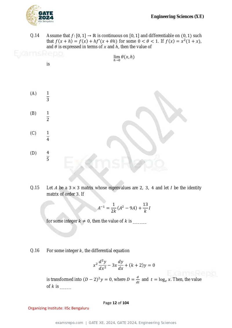 GATE XE 2024 question paper, GATE 2024, Engineering Sciences, page 12 of 104