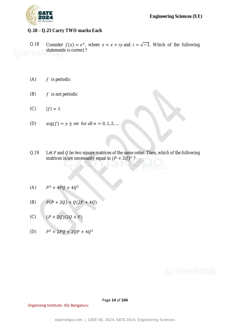 GATE XE 2024 question paper, GATE 2024, Engineering Sciences, page 14 of 104