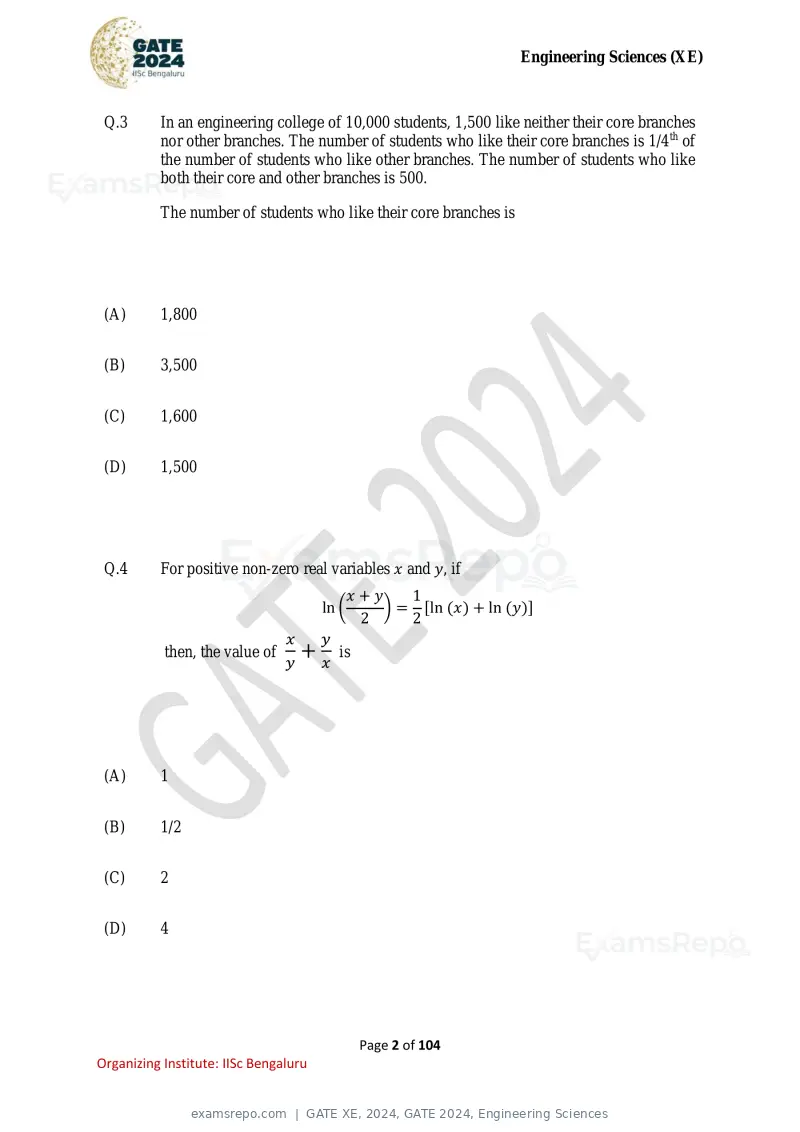 GATE XE 2024 question paper, GATE 2024, Engineering Sciences, page 2 of 104