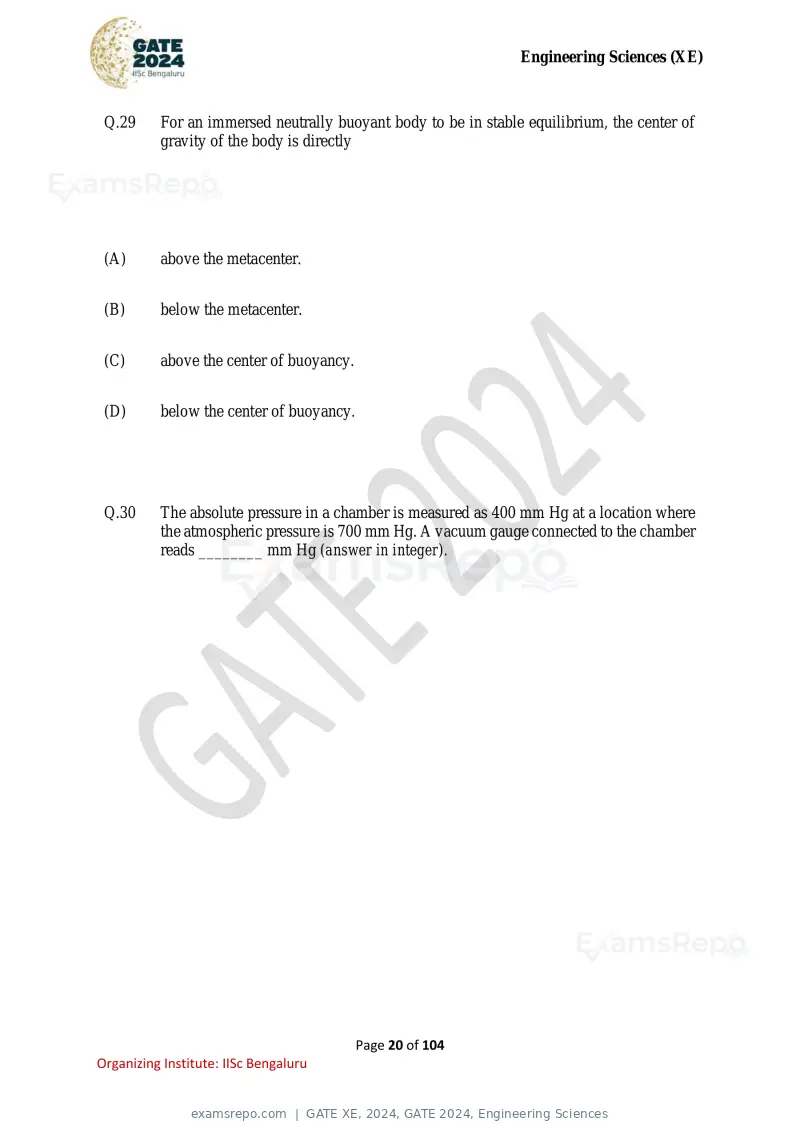 GATE XE 2024 question paper, GATE 2024, Engineering Sciences, page 20 of 104