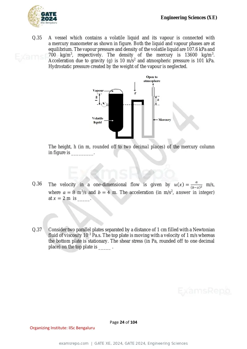 GATE XE 2024 question paper, GATE 2024, Engineering Sciences, page 24 of 104