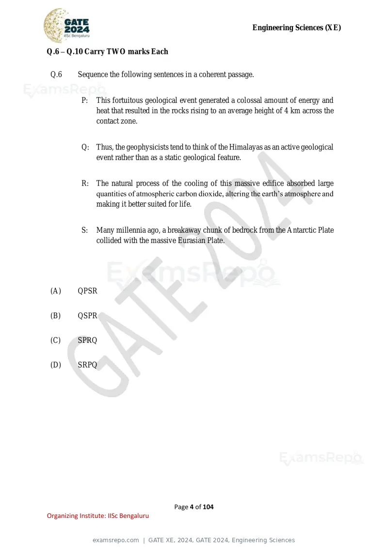 GATE XE 2024 question paper, GATE 2024, Engineering Sciences, page 4 of 104
