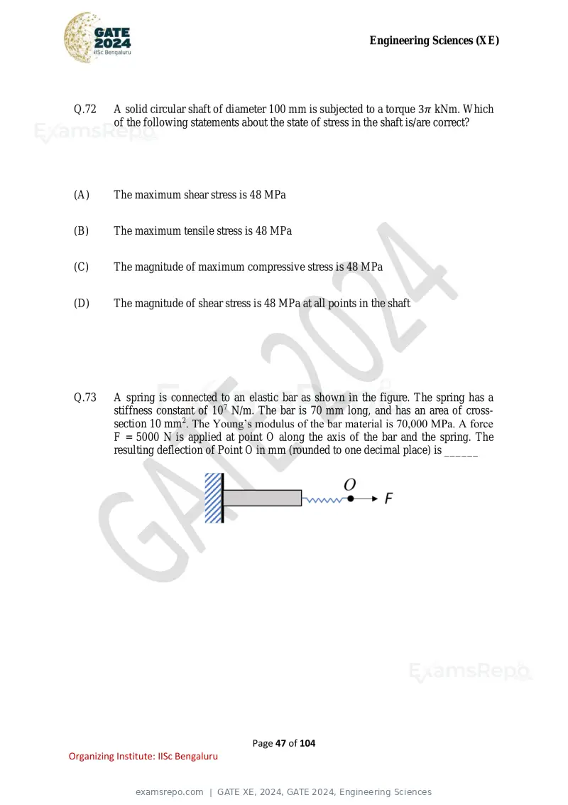 GATE XE 2024 question paper, GATE 2024, Engineering Sciences, page 47 of 104