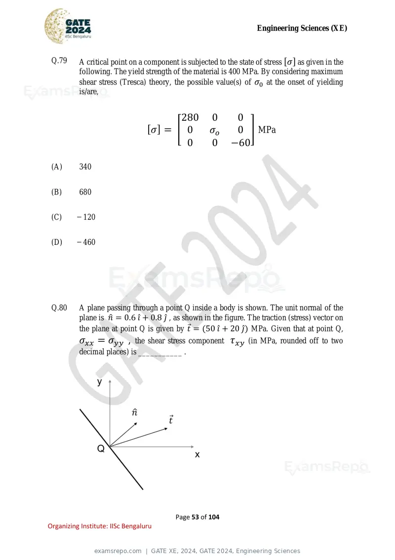 GATE XE 2024 question paper, GATE 2024, Engineering Sciences, page 53 of 104