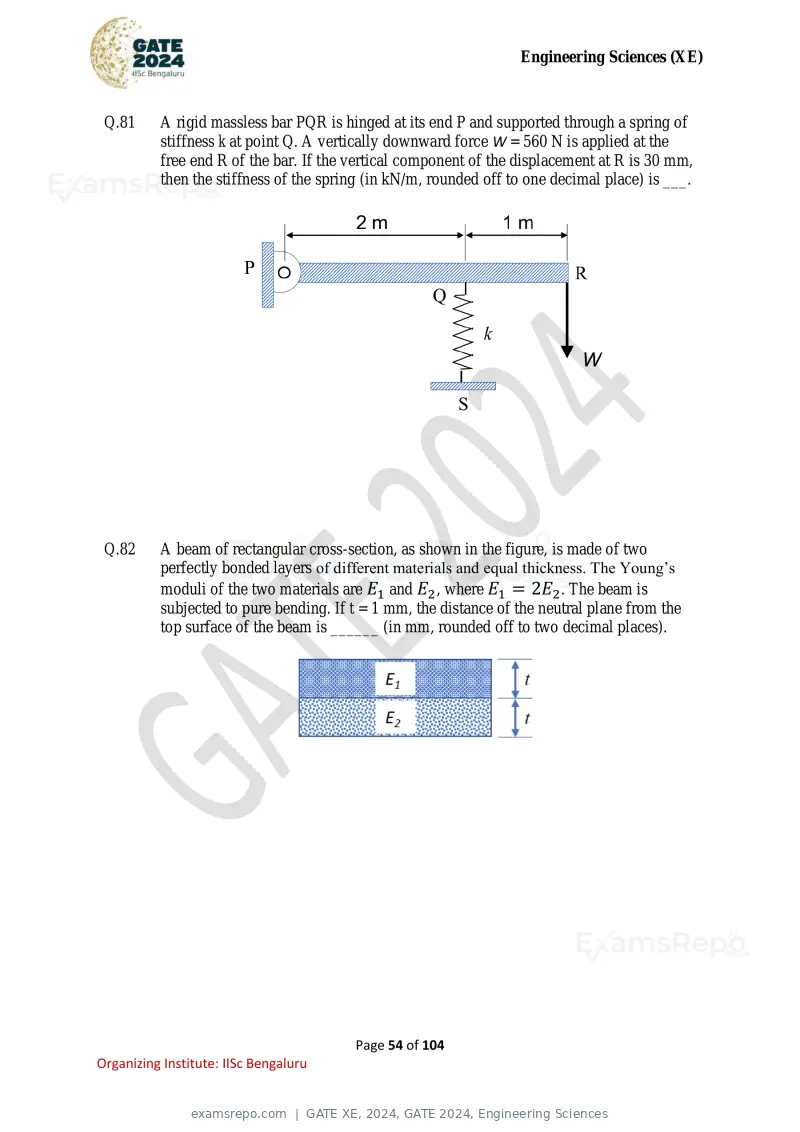 GATE XE 2024 question paper, GATE 2024, Engineering Sciences, page 54 of 104