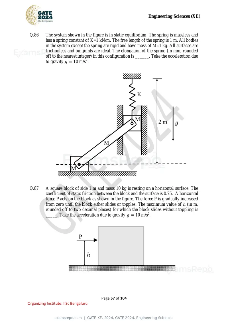 GATE XE 2024 question paper, GATE 2024, Engineering Sciences, page 57 of 104