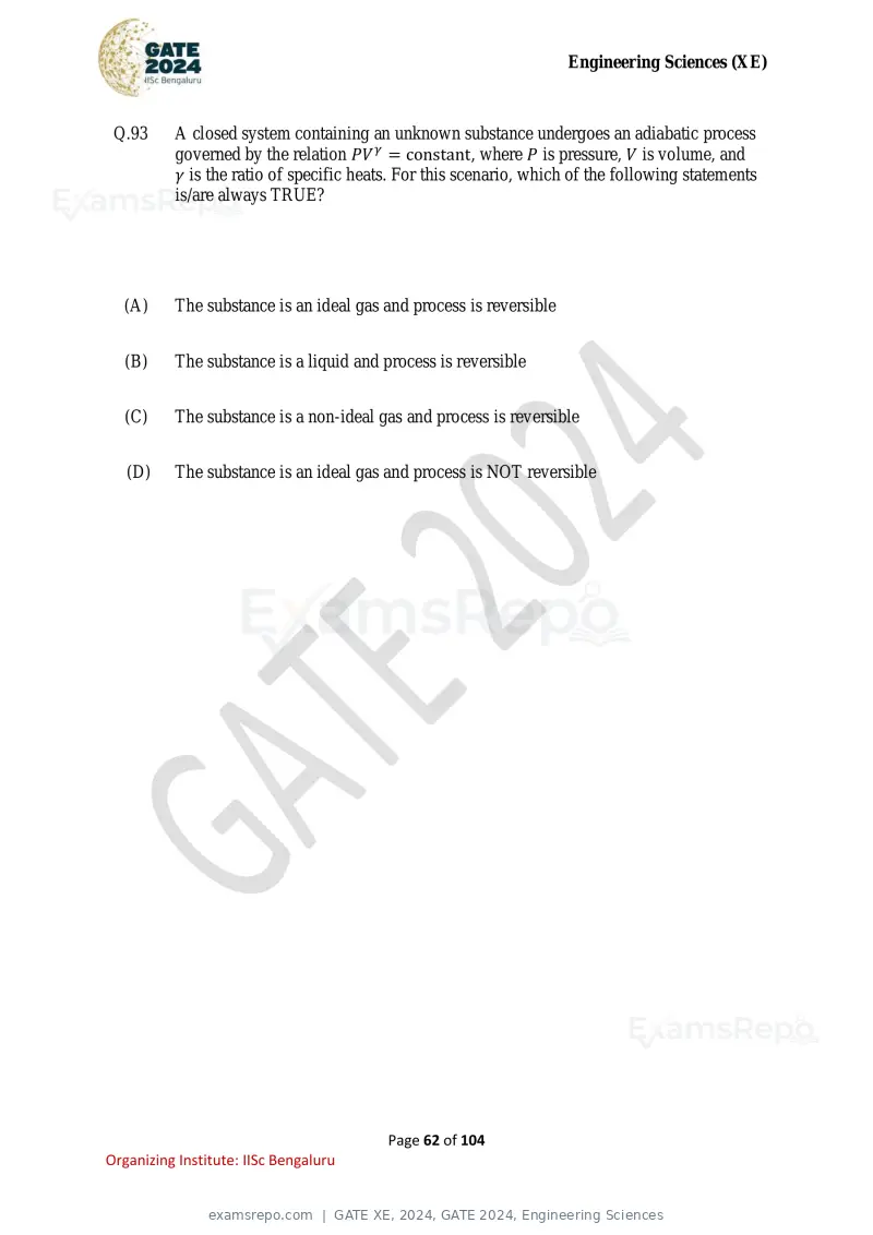 GATE XE 2024 question paper, GATE 2024, Engineering Sciences, page 62 of 104