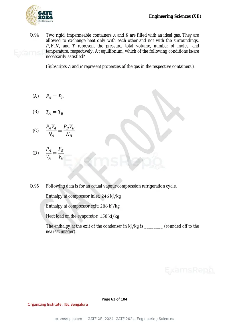 GATE XE 2024 question paper, GATE 2024, Engineering Sciences, page 63 of 104