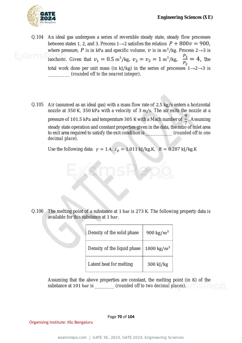 GATE XE 2024 question paper, GATE 2024, Engineering Sciences, page 70 of 104