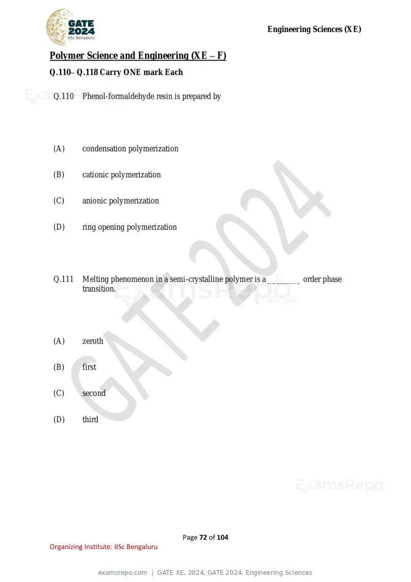 GATE XE 2024 question paper, GATE 2024, Engineering Sciences, page 72 of 104