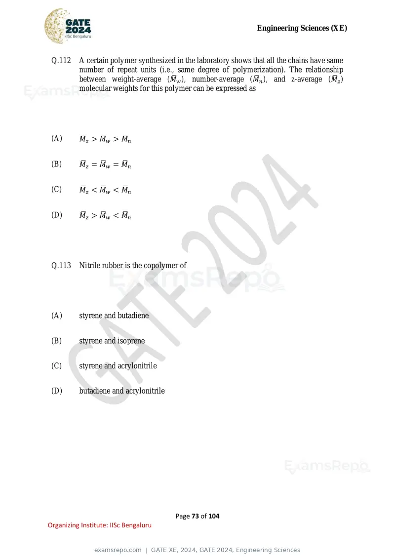 GATE XE 2024 question paper, GATE 2024, Engineering Sciences, page 73 of 104