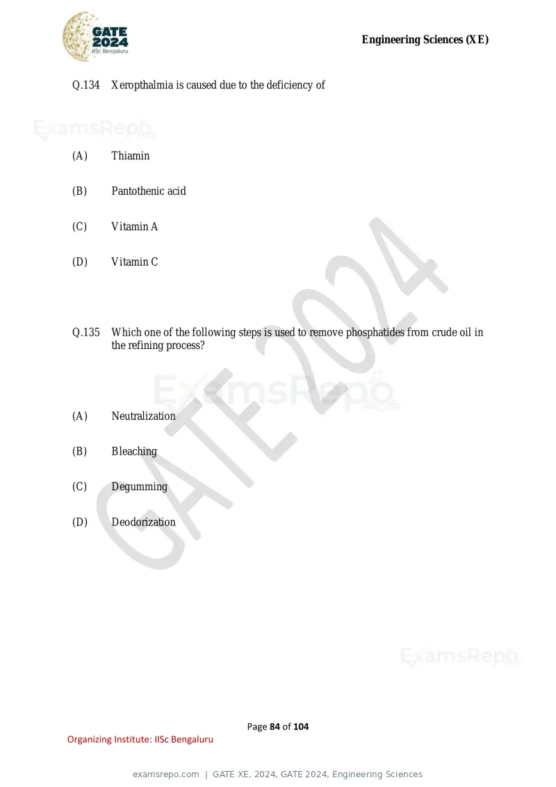 GATE XE 2024 question paper, GATE 2024, Engineering Sciences, page 84 of 104