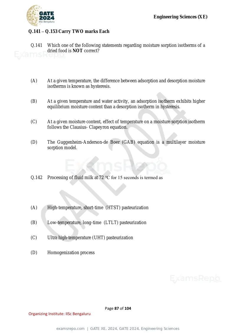 GATE XE 2024 question paper, GATE 2024, Engineering Sciences, page 87 of 104