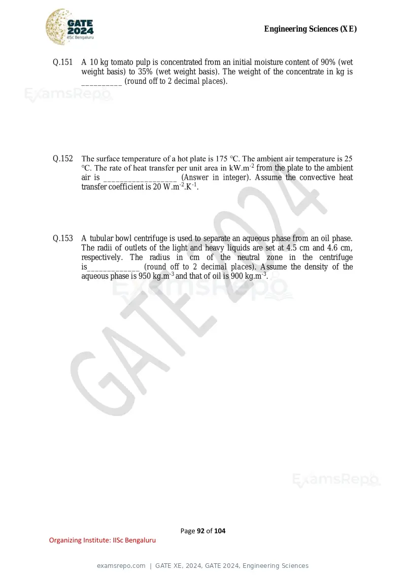 GATE XE 2024 question paper, GATE 2024, Engineering Sciences, page 92 of 104