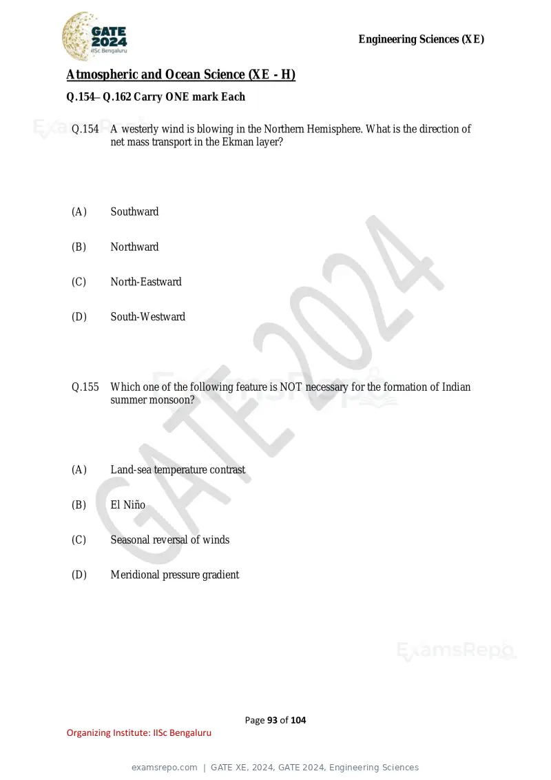 GATE XE 2024 question paper, GATE 2024, Engineering Sciences, page 93 of 104