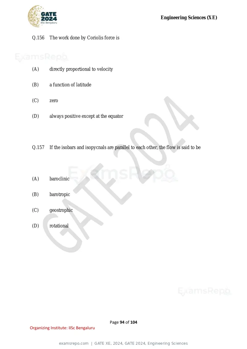 GATE XE 2024 question paper, GATE 2024, Engineering Sciences, page 94 of 104