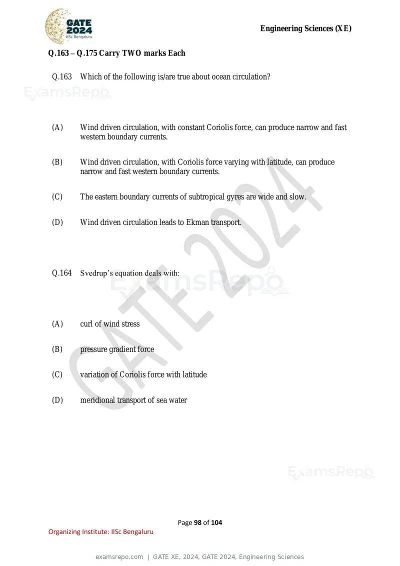 GATE XE 2024 question paper, GATE 2024, Engineering Sciences, page 98 of 104