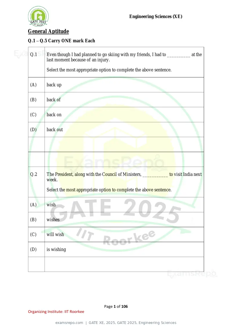 GATE XE 2025 question paper, GATE 2025, Engineering Sciences, page 1 of 106