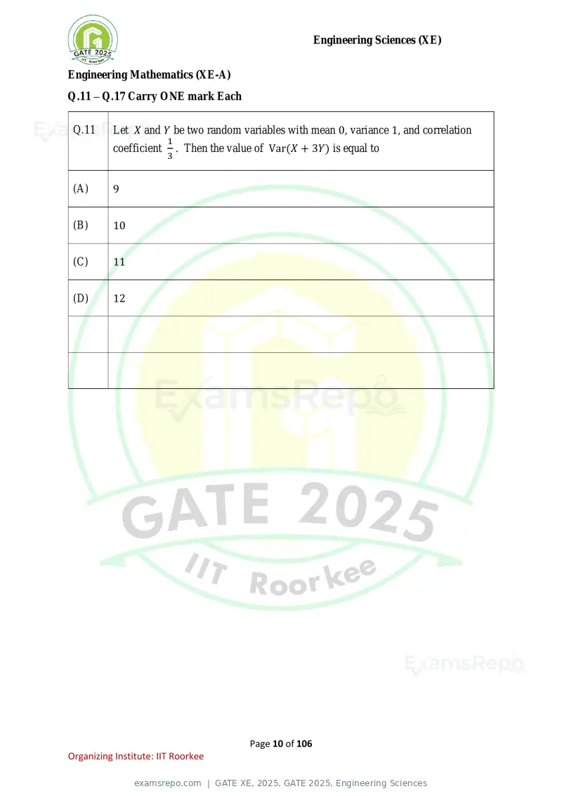 GATE XE 2025 question paper, GATE 2025, Engineering Sciences, page 10 of 106