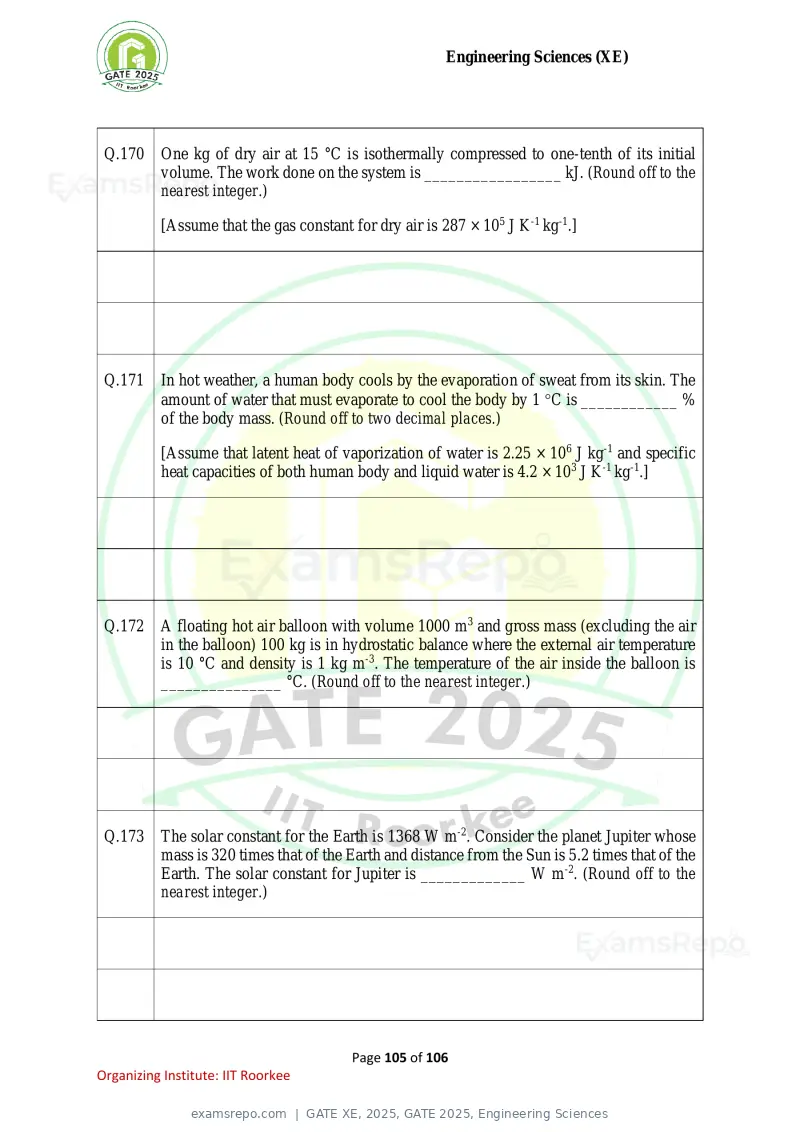 GATE XE 2025 question paper, GATE 2025, Engineering Sciences, page 105 of 106