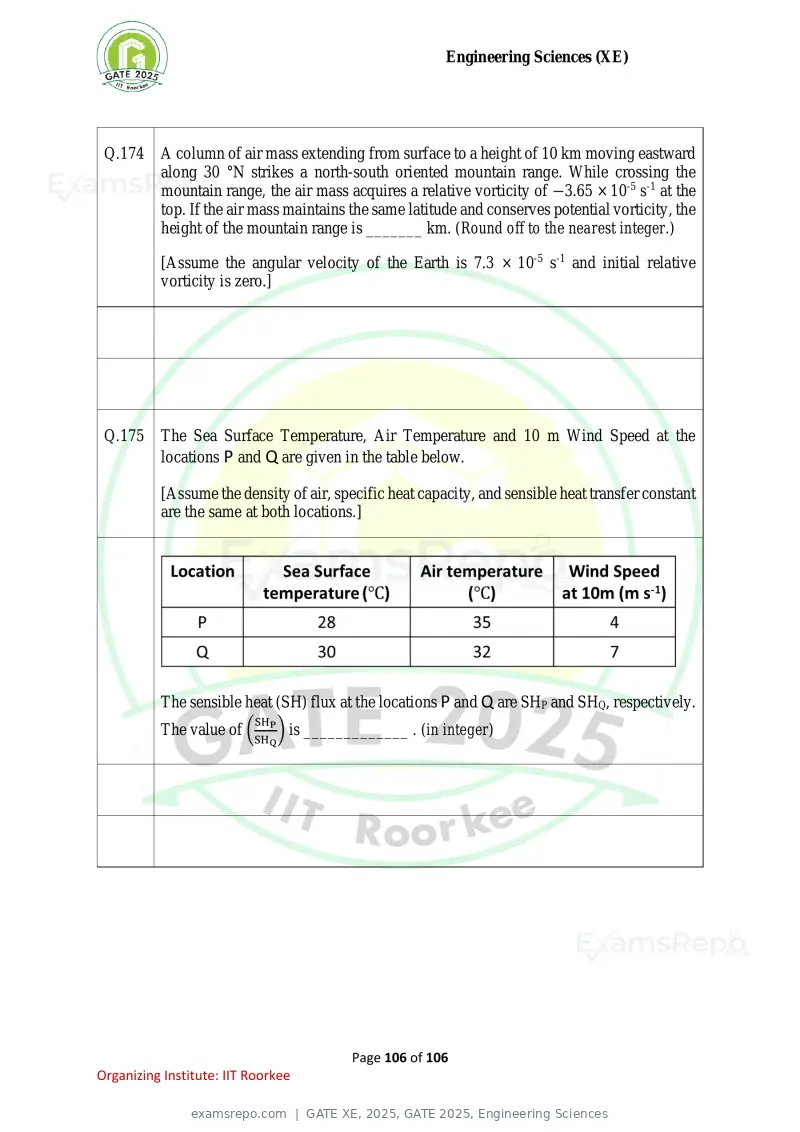 GATE XE 2025 question paper, GATE 2025, Engineering Sciences, page 106 of 106