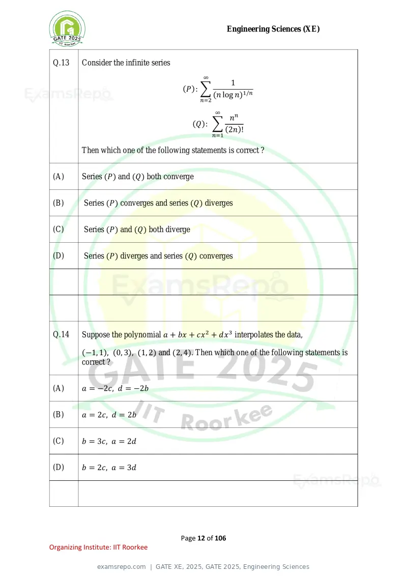 GATE XE 2025 question paper, GATE 2025, Engineering Sciences, page 12 of 106