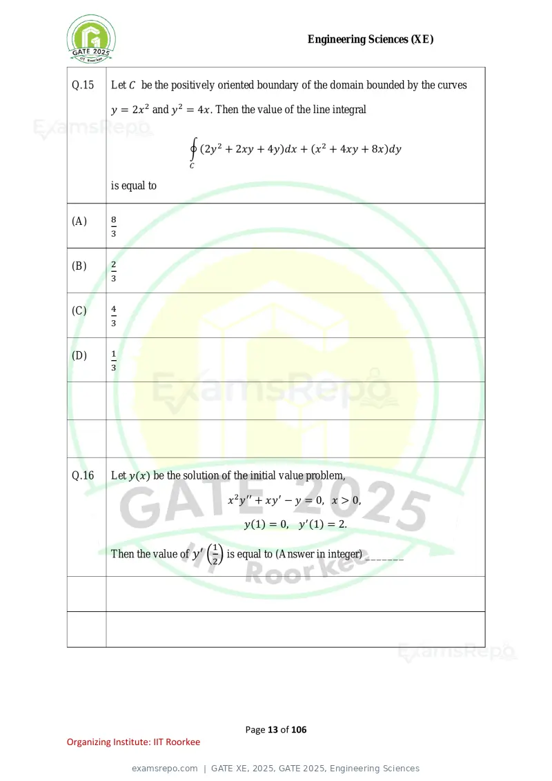 GATE XE 2025 question paper, GATE 2025, Engineering Sciences, page 13 of 106
