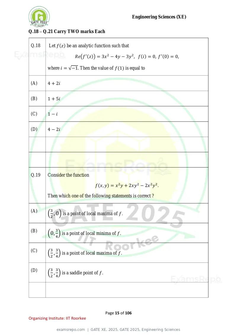 GATE XE 2025 question paper, GATE 2025, Engineering Sciences, page 15 of 106