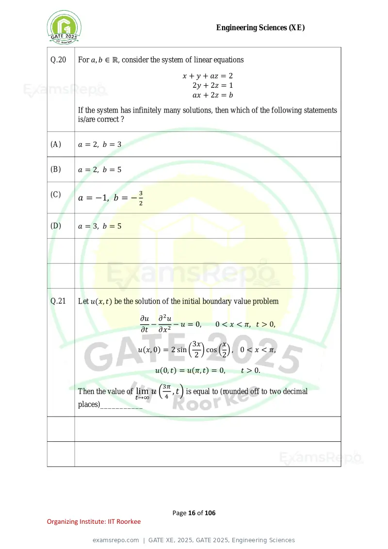 GATE XE 2025 question paper, GATE 2025, Engineering Sciences, page 16 of 106