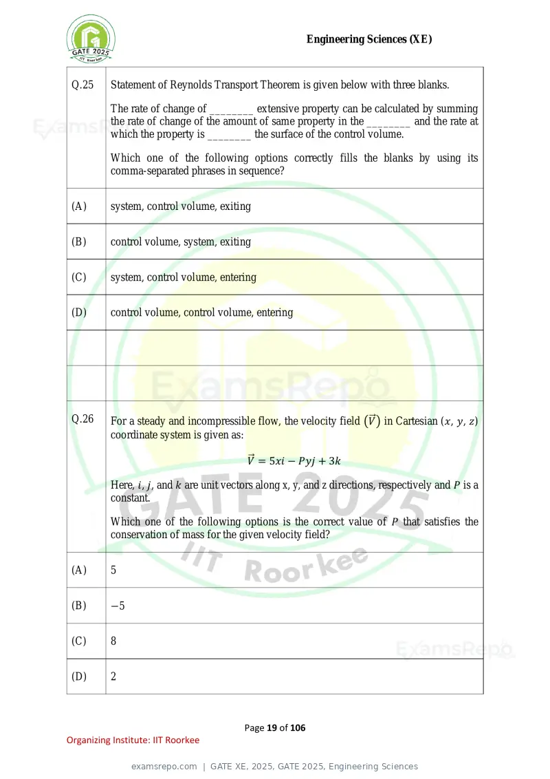 GATE XE 2025 question paper, GATE 2025, Engineering Sciences, page 19 of 106