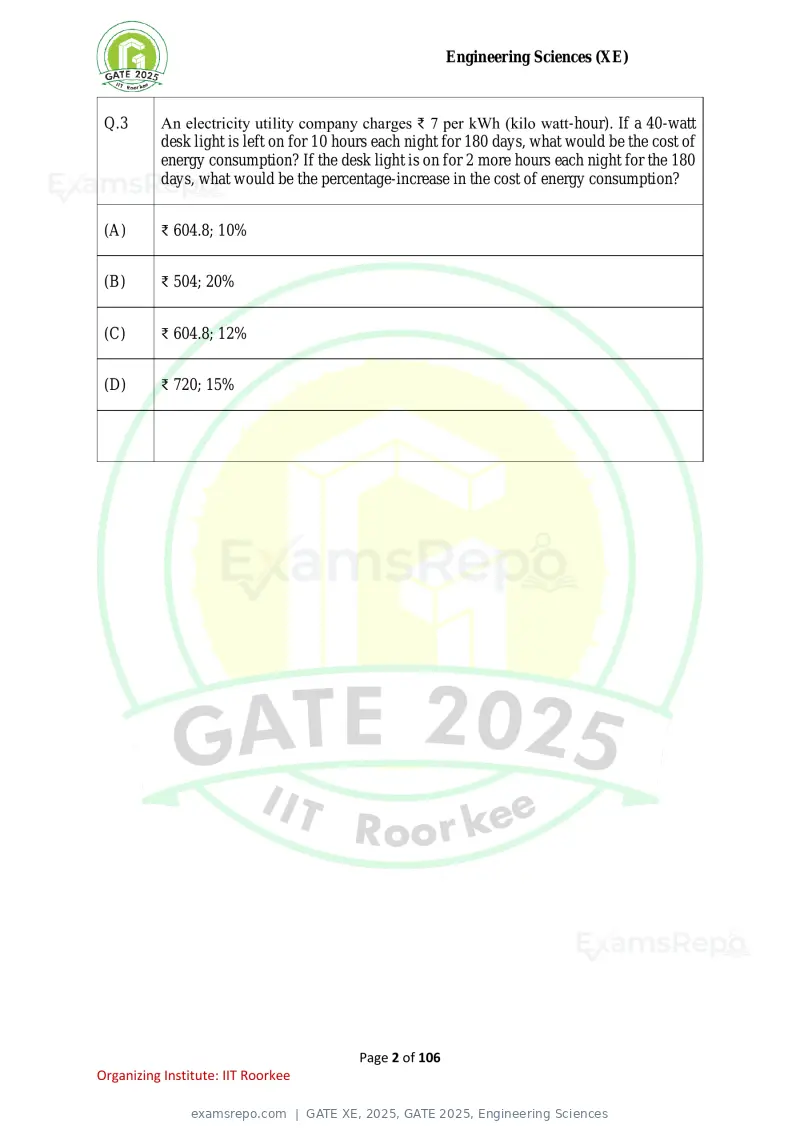 GATE XE 2025 question paper, GATE 2025, Engineering Sciences, page 2 of 106